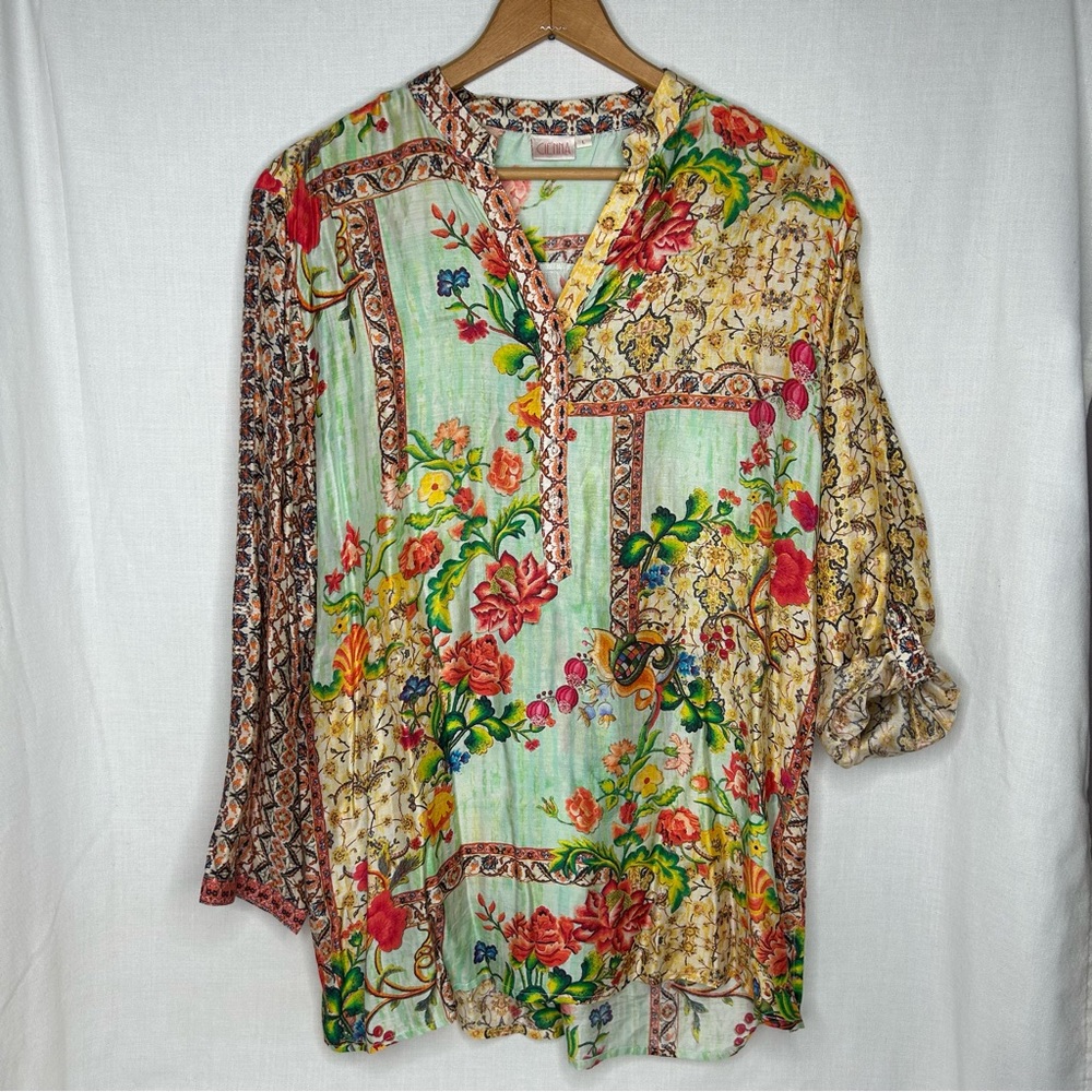Cienna L 100% Silk Viscose LS Wildflower Print Top w/Button Up 3/4 Sleeves NWOT
